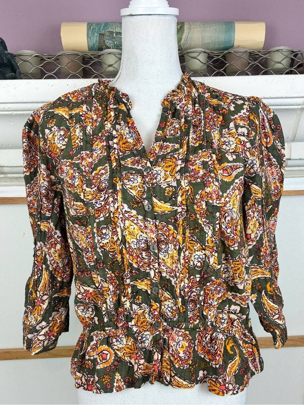 Sam Edelman Cottagecore Paisley Button-Front Blouse w/ruched sleeves